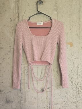Ribbed Scoop-Neck Tie-Front Crop Top in Light Pink